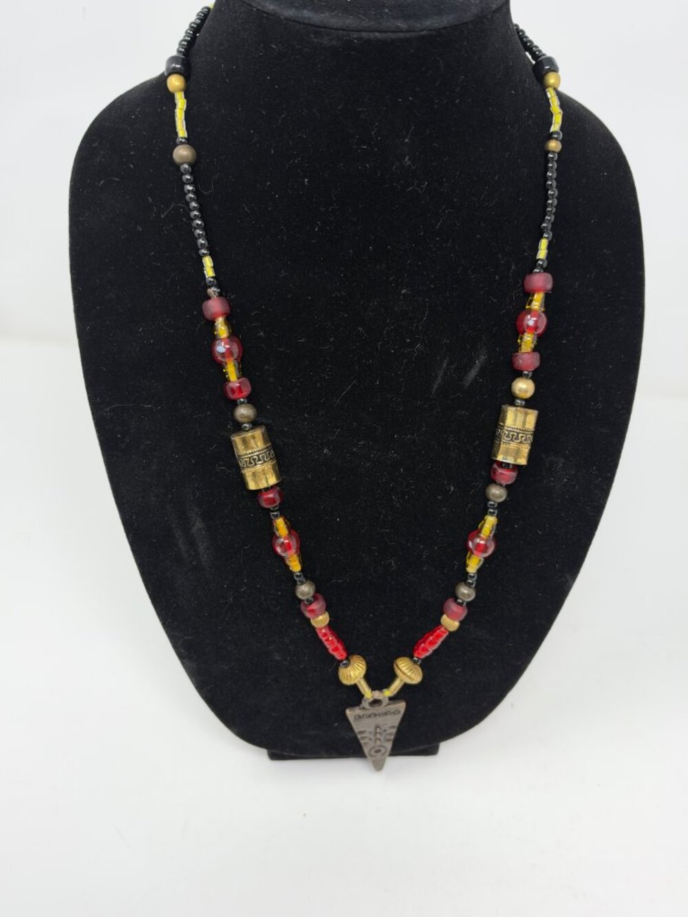Tribal Style Glass Bead Necklace 26" Triangle Amulet Pendant
